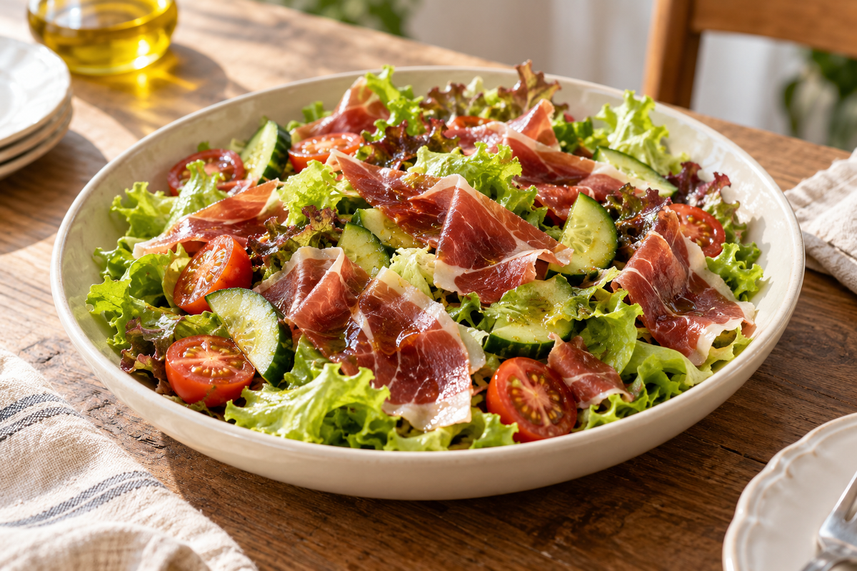 Ensalada de hojas, tomate, pepino y jamón al servir; imagen editorial de IA