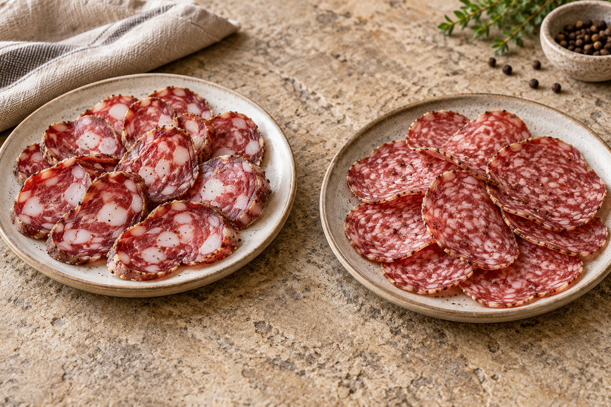 Dos platos de embutidos curados con distinto tamaño de picado