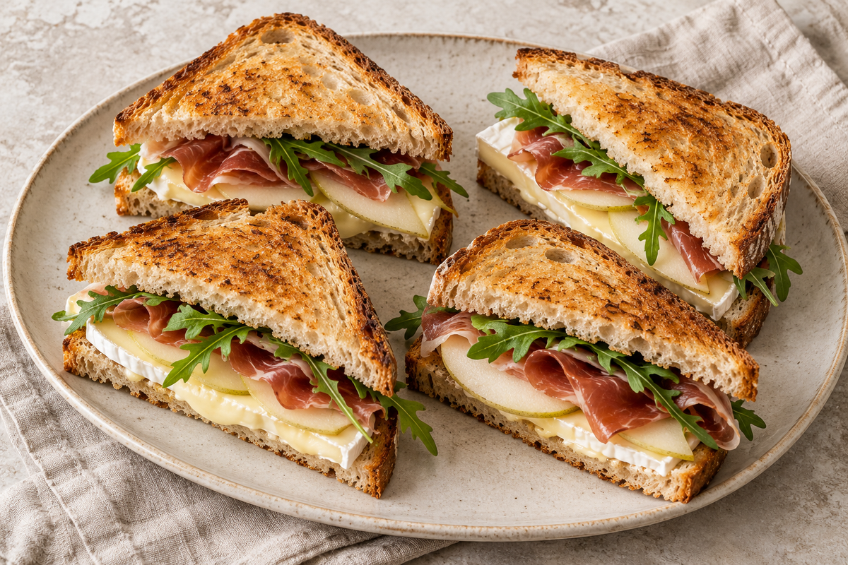 Ristede sandwich med skinke, brie, pære og rucola