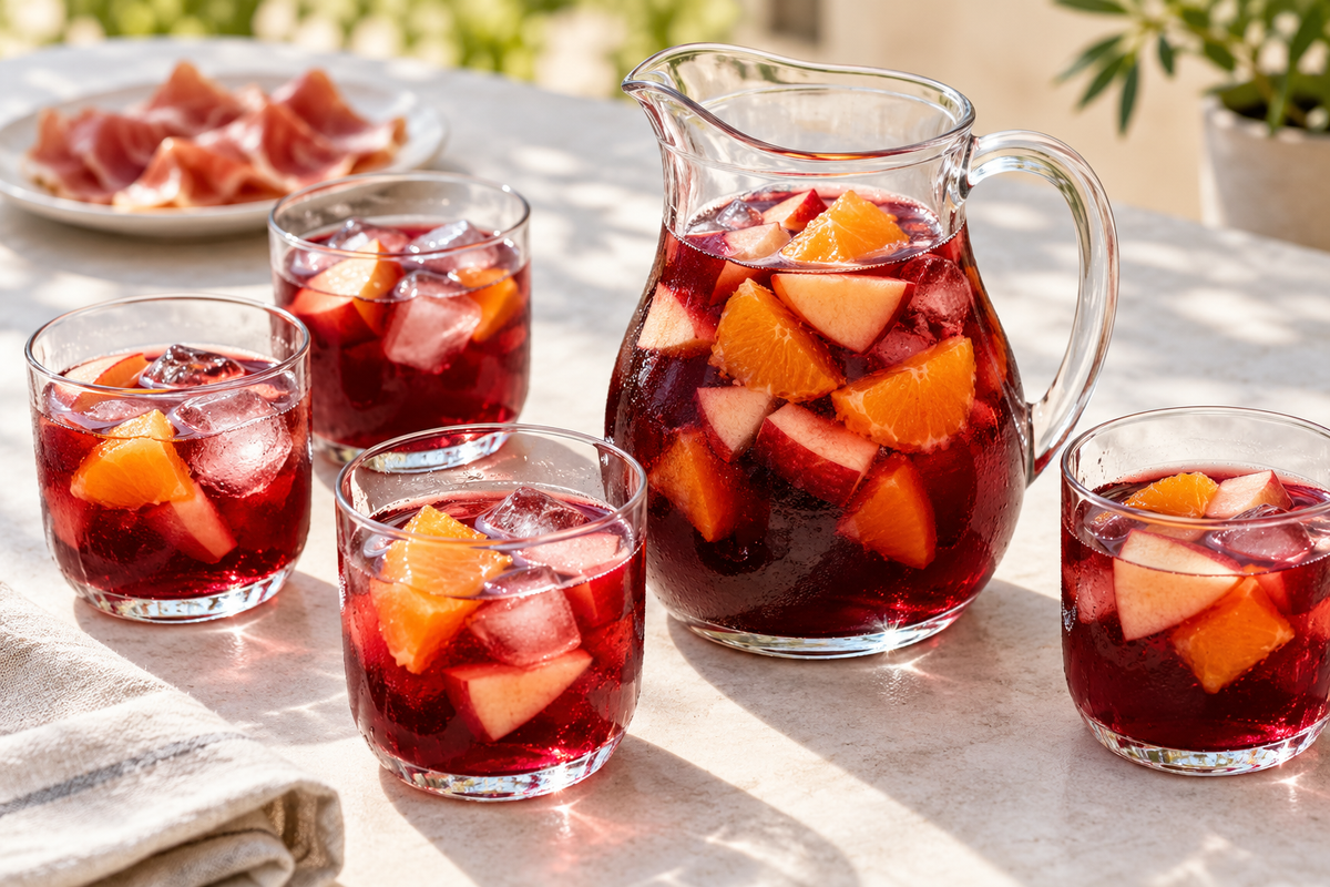 En lille kande rød sangria med appelsin og æble ved siden af fire glas