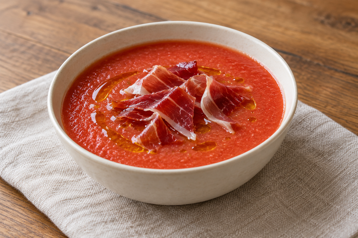 Sopa fría roja con tiras de jamón al final; ilustración editorial de IA