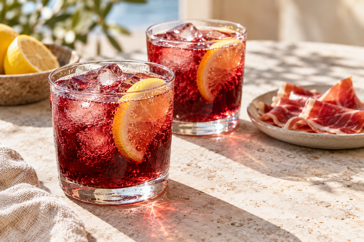 To glas rødvin og sodavand med is og citron på et lyst bord
