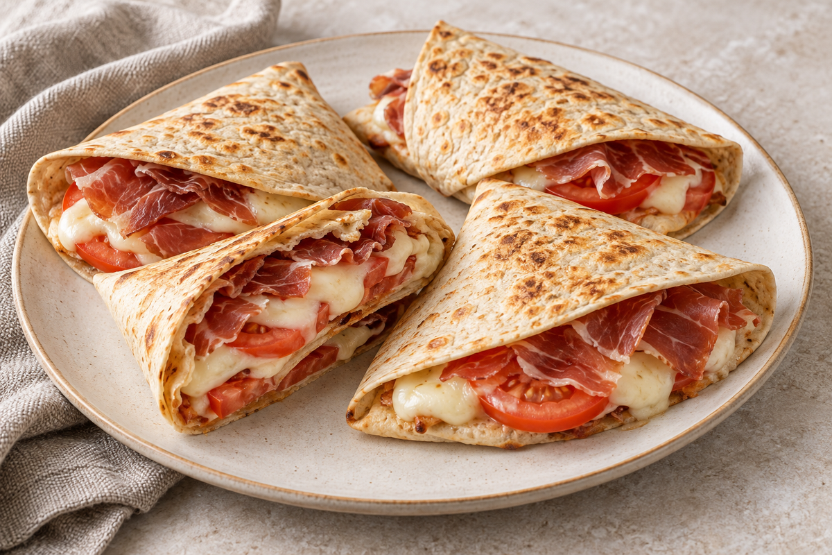 Tortillas de trigo dobladas con queso fundido, tomate y jamón
