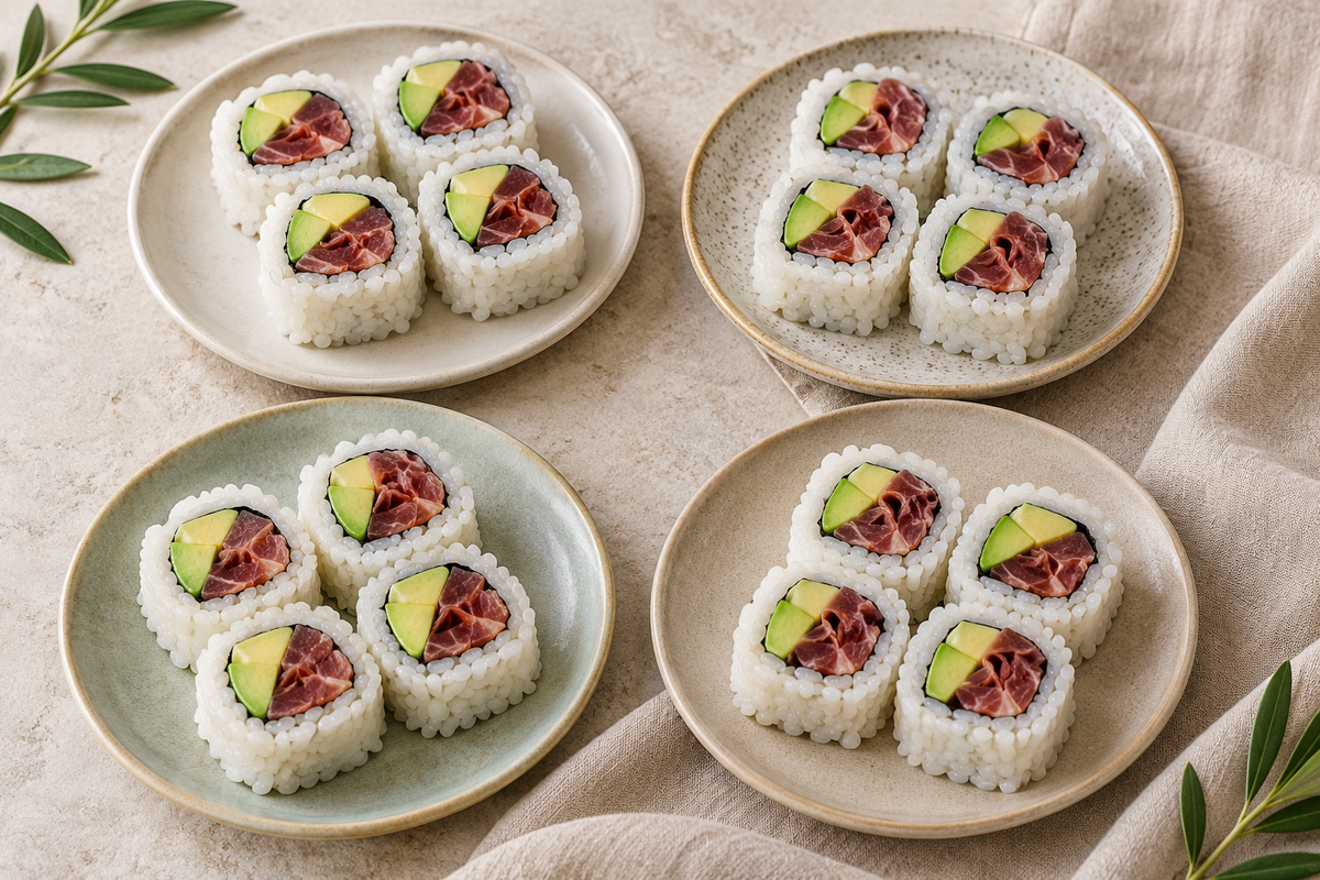 Uramakis con arroz exterior, nori, aguacate y jamón curado
