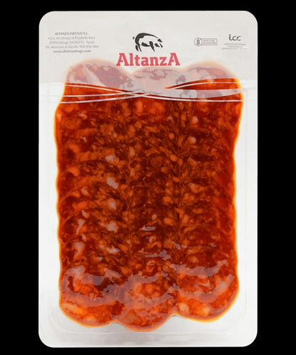 Chorizo de Bellota, 100% Ibérico – Altanza · 80 g · Verklig förpackning, framsida