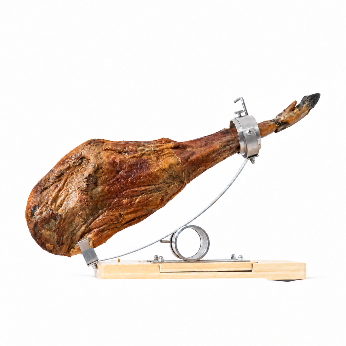 Prosciutto Bellota 100% iberico · Selezione Premium Paco Heredia · Presentazione sul portaprosciutto · Immagine ritoccata digitalmente