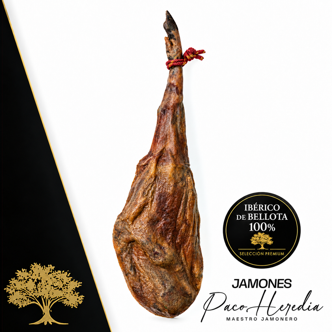 Bellota-ham, 100% Iberico · Premiumselectie Paco Heredia · Hele ham · Digitaal geretoucheerde afbeelding