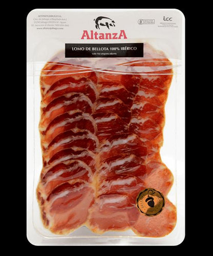 Lomo de bellota 100% ibérico Altanza, envase real de 80 g visto de frente
