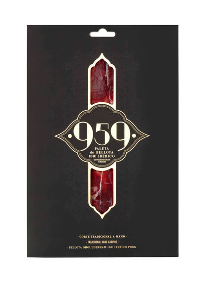 Envase 959 de paleta de bellota 100% ibérica cortada a cuchillo, sobre de 80 g