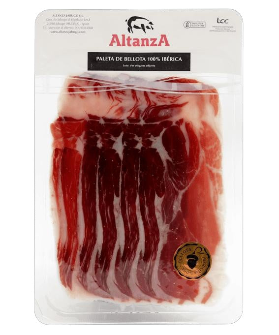 Łopatka Bellota, 100% rasy iberyjskiej – Altanza · 80 g · Rzeczywiste opakowanie, widok z przodu