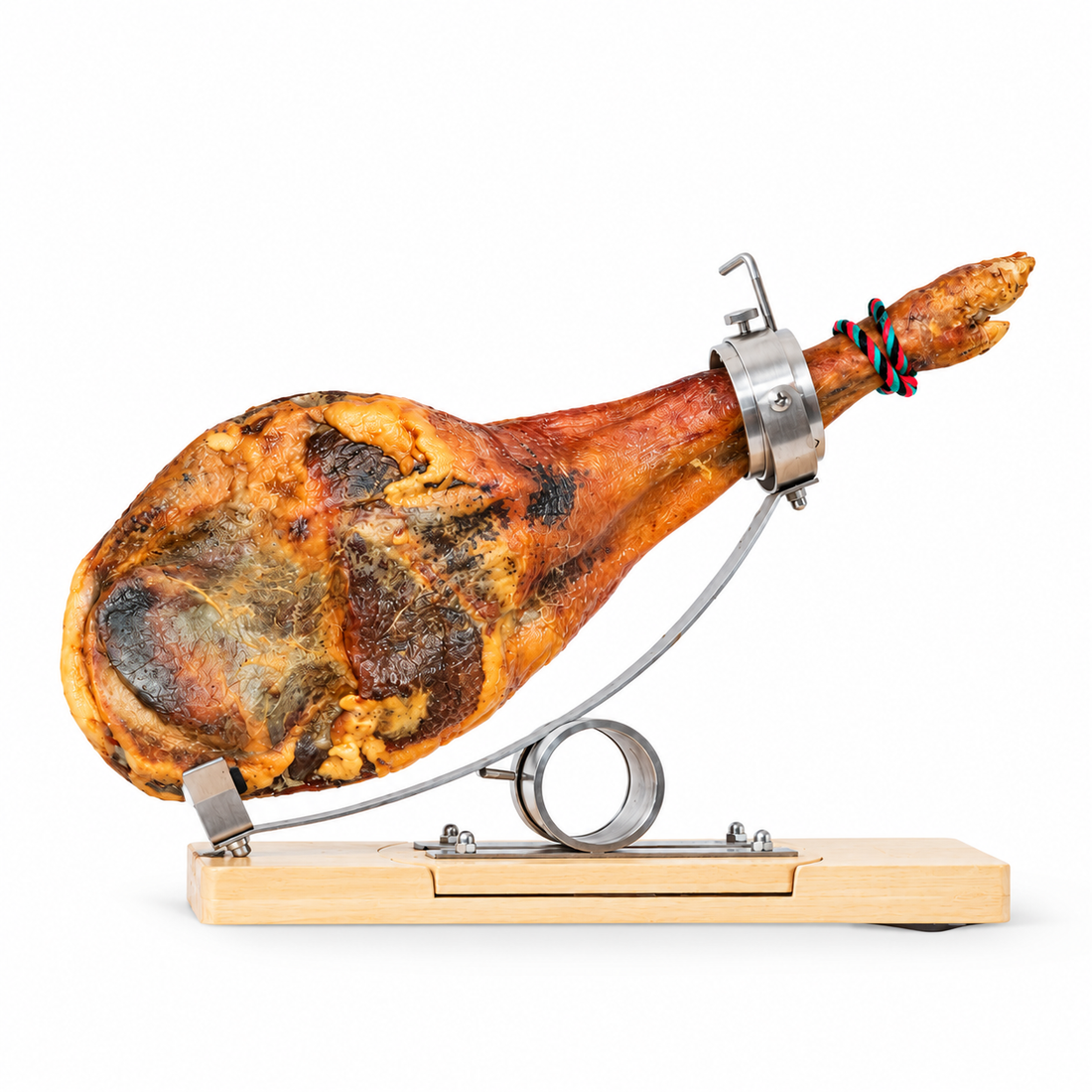 Presentación ilustrativa generada por IA: paleta Gran Reserva Duroc sobre soporte jamonero.