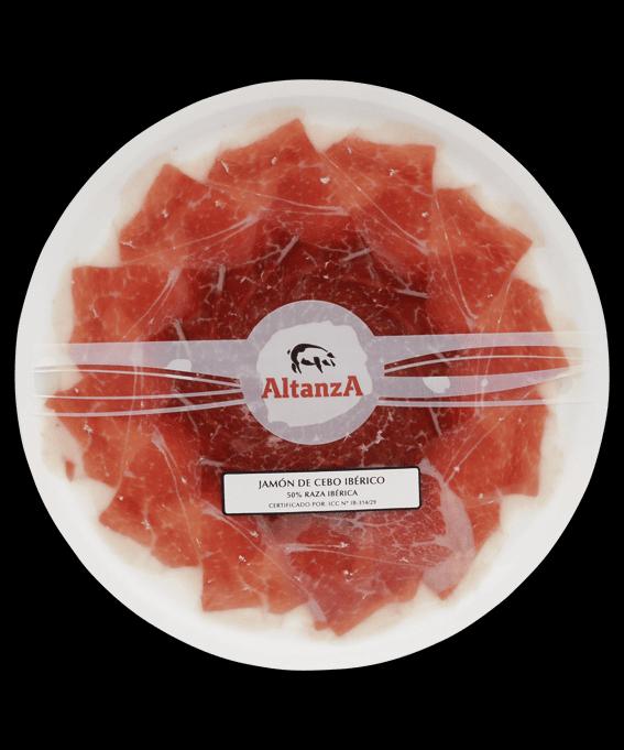 Plato de jamón Cebo 50% Ibérico Altanza 80 g · Efecto cuchillo. Fotografía real del plato envasado.