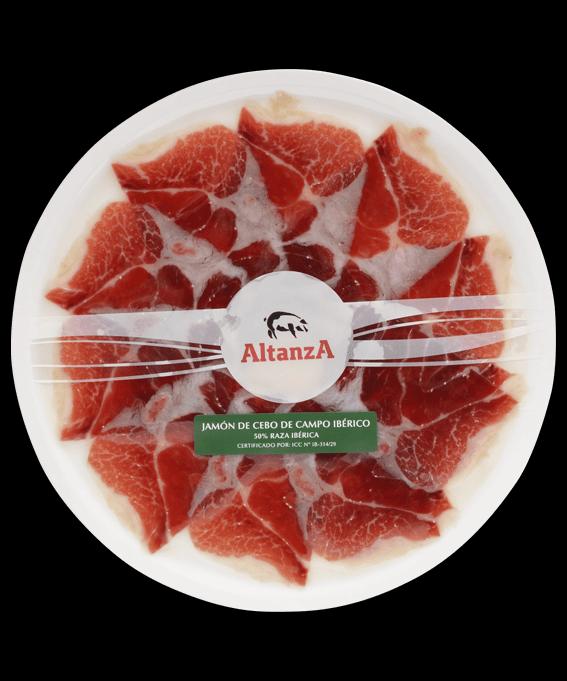 Den virkelige emballage til Altanza Cebo de Campo 50% Ibérico skinke på tallerken, 80 g, maskinskåret med knivskåret effekt.